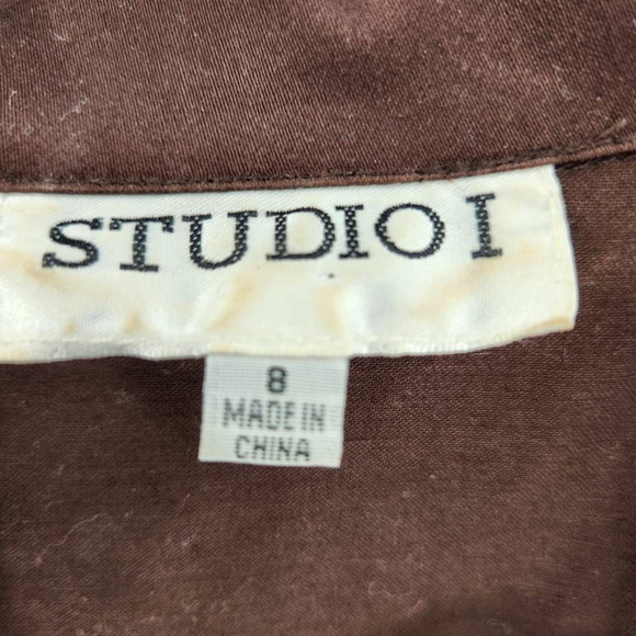 Studio 1 Womens Button Up Shirt Brown Short Sleeve Collar Belted Trim Retro 8 - Picture 4 of 5